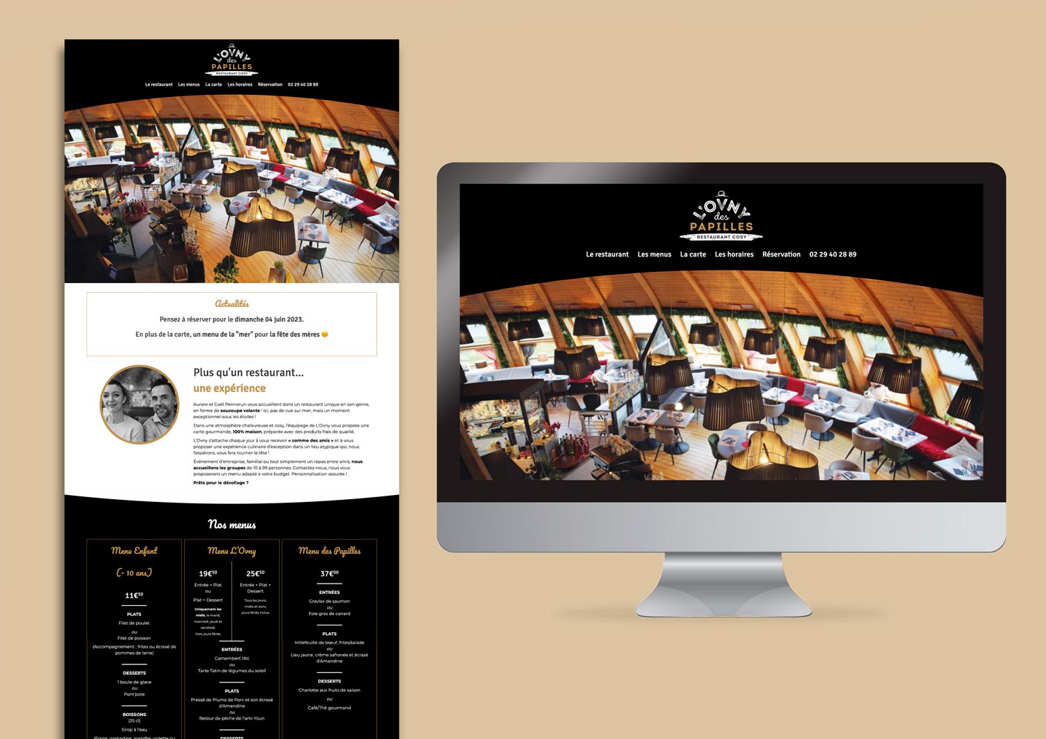 Site wordpress one-page pour l'Ovny des papilles restaurant cosy créé par K unique, agence web à Quimper